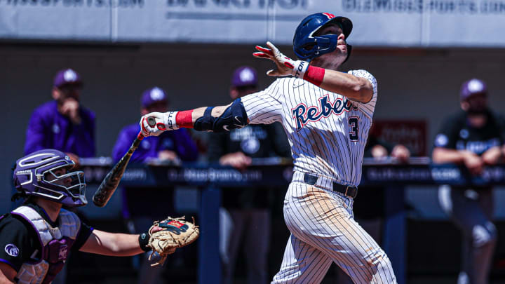 Ole Miss Rebels designated hitter Andrew Fischer (3) hits a two-run home run in the fourth inning of Tuesday's game against the North Alabama Lions. 