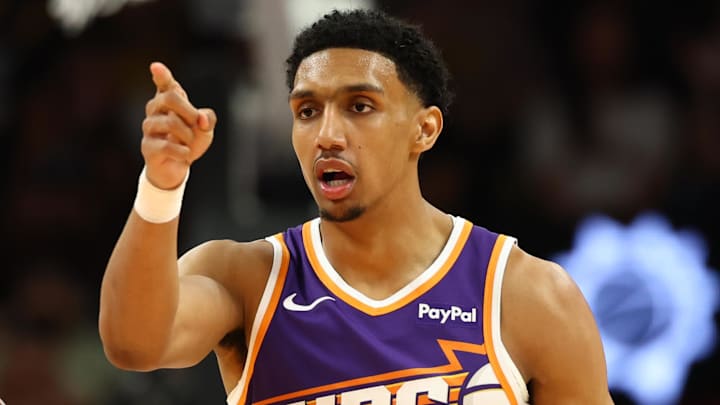 Feb 26, 2026; Phoenix, Arizona, USA; Phoenix Suns forward Ryan Dunn (0) reacts against the Los Angeles Lakers in the second half at Mortgage Matchup Center. Mandatory Credit: Mark J. Rebilas-Imagn Images