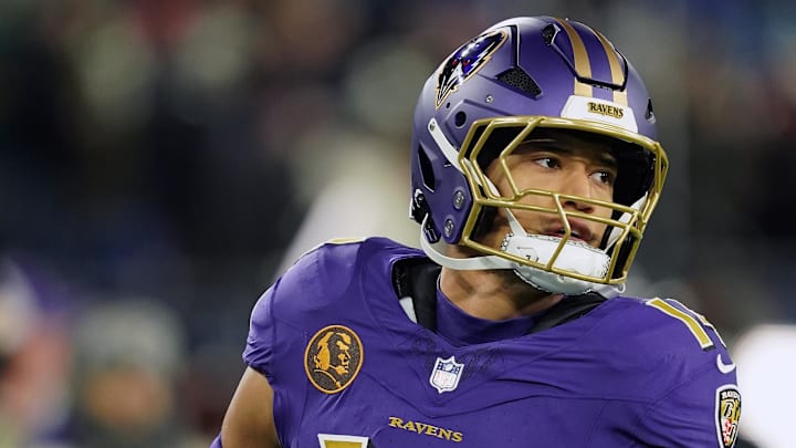 Nov 27, 2025; Baltimore, Maryland, USA; Baltimore Ravens safety Kyle Hamilton (14) before the game at M&T Bank Stadium. Mandatory Credit: Mitch Stringer-Imagn Images