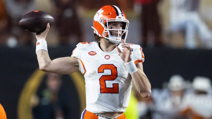 Dec 21, 2024; Austin, Texas, USA; Clemson Tigers quarterback Cade Klubnik (2) against the Texas Longhorns during the CFP National playoff first round at Darrell K Royal-Texas Memorial Stadium.