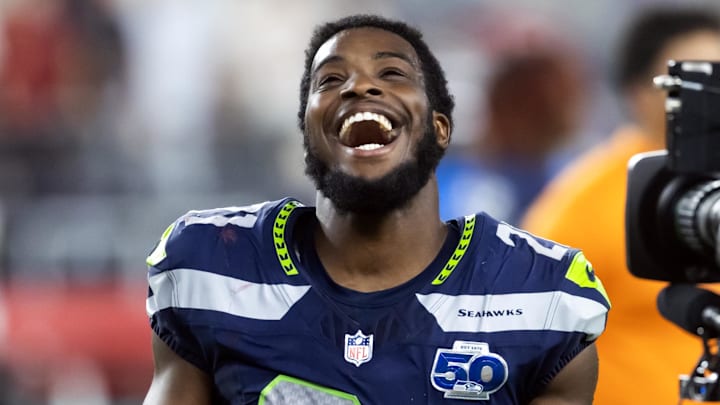 Sep 25, 2025; Glendale, Arizona, USA; Seattle Seahawks cornerback Devon Witherspoon (21) against the Arizona Cardinals at State Farm Stadium. Mandatory Credit: Mark J. Rebilas-Imagn Images