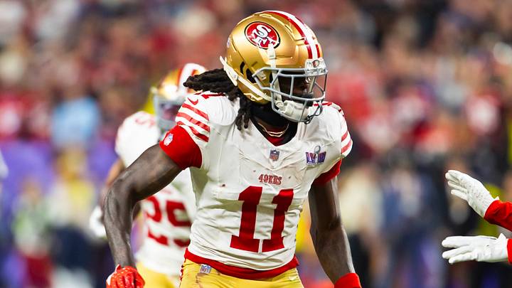 Feb 11, 2024; Paradise, Nevada, USA; San Francisco 49ers wide receiver Brandon Aiyuk (11) against the Kansas City Chiefs in Super Bowl LVIII at Allegiant Stadium. Mandatory Credit: Mark J. Rebilas-USA TODAY Sports