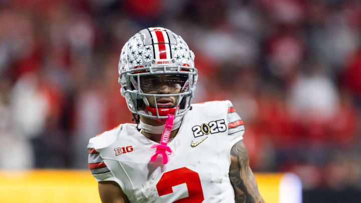 Jan 20, 2025; Atlanta, GA, USA; Ohio State Buckeyes wide receiver Emeka Egbuka (2) against the Notre Dame Fighting Irish during the CFP National Championship college football game at Mercedes-Benz Stadium. Mandatory Credit: Mark J. Rebilas-Imagn Images