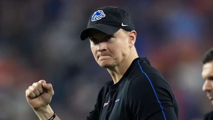 Boise State Broncos coach Spencer Danielson reacts to a play during the Fiesta Bowl.