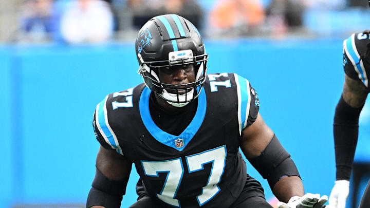 Carolina Panthers offensive tackle Yosh Nijman (77) on the field in the second quarter