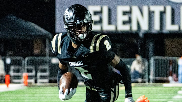 Northwest Rankin wide receiver De’Shawn Dillon (2) carries the ball during a high school football game between Northwest Rankin and Oak Grove at Northwest Rankin High School in Flowood, Miss., on Friday, Oct. 31, 2025. Oak Grove defeated Northwest Rankin 37-34.