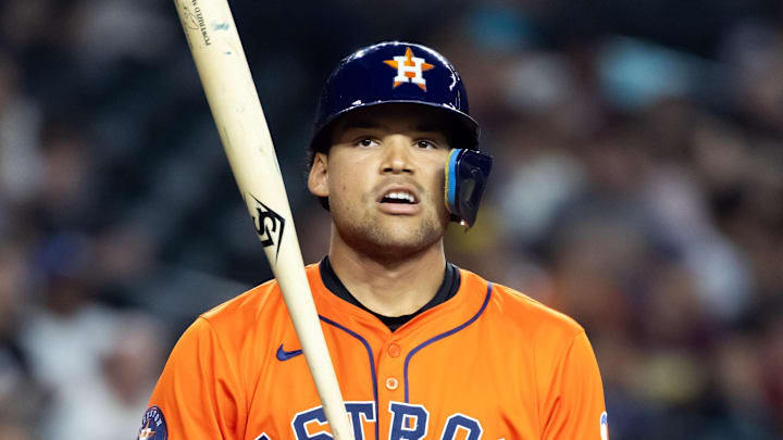 Jul 22, 2025; Phoenix, Arizona, USA; Houston Astros outfielder Cam Smith against the Arizona Diamondbacks at Chase Field. 