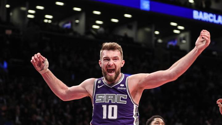 Mar 16, 2023; Brooklyn, New York, USA; Sacramento Kings forward Domantas Sabonis (10) reacts after loosing the ball in the second quarter against the Brooklyn Nets at Barclays Center. Mandatory Credit: Wendell Cruz-Imagn Images Mar 16, 2023; Brooklyn, New York, USA; Sacramento Kings forward Domantas Sabonis (10) reacts after loosing the ball in the second quarter against the Brooklyn Nets at Barclays Center. Mandatory Credit: Wendell Cruz-Imagn Images