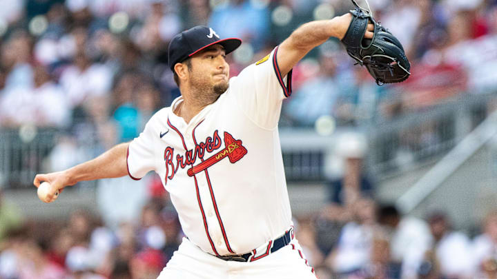 Sep 29, 2024; Cumberland, Georgia, USA; Atlanta Braves pitcher Luke Jackson (22) pitches the ball against the Kansas City Royals during  the ninth inning at Truist Park. Mandatory Credit: Jordan Godfree-Imagn Images