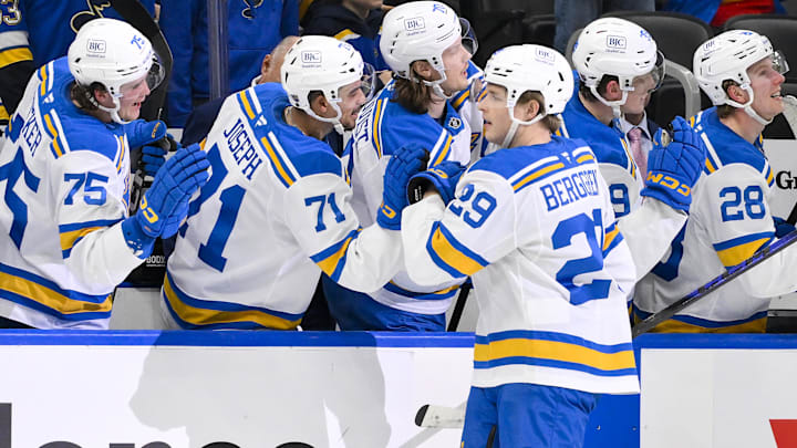 Dec 18, 2025; St. Louis, Missouri, USA; St. Louis Blues right wing Jonatan Berggren (29) is congratulated by teammates after scoring against the New York Rangers during the first period at Enterprise Center. Mandatory Credit: Jeff Curry-Imagn Images