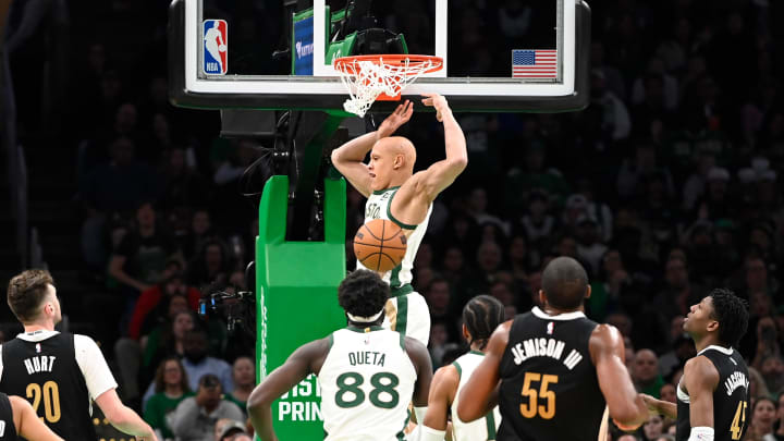 Feb 4, 2024; Boston, Massachusetts, USA; Boston Celtics guard Jordan Walsh (27) registers his first career NBA basket during the second half against the Memphis Grizzlies pat TD Garden. Mandatory Credit: Eric Canha-USA TODAY Sports