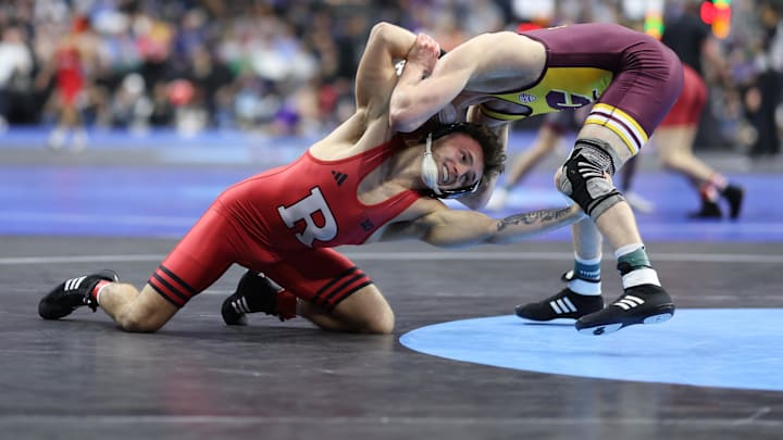 Dylan Shawver of Rutgers (L) wrestles Sean Spidle of Central Michigan