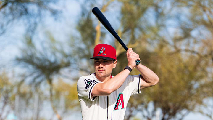 Arizona Diamondbacks outfielder Corbin Carroll (7) poses for a portrait for MLB Media Day at Salt River Fields on Feb. 19.