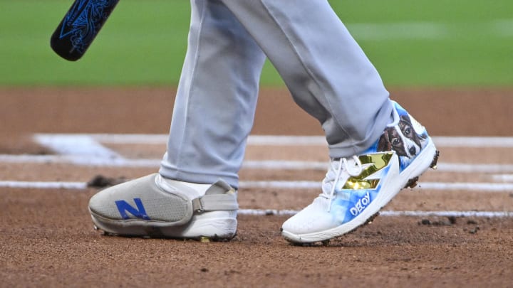 Shohei Ohtani's custom New Balance cleats. Shohei Ohtani's custom New Balance cleats.