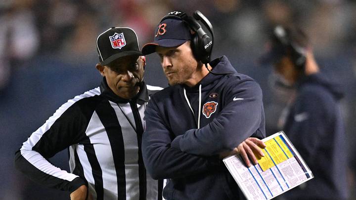 Oct 22, 2026; Chicago, Illinois, USA; Chicago Bears head coach Ben Johnson talks with an official during the first half against the New England Patriots at Soldier Field. Mandatory Credit: Patrick Gorski-Imagn Images Oct 22, 2026; Chicago, Illinois, USA; Chicago Bears head coach Ben Johnson talks with an official during the first half against the New England Patriots at Soldier Field. Mandatory Credit: Patrick Gorski-Imagn Images