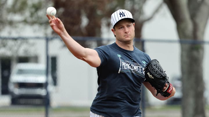 Feb 20, 2025; Tampa, FL, USA; New York Yankees pitcher Gerrit Cole (45) during during work outs at George M. Steinbrenner Field. 