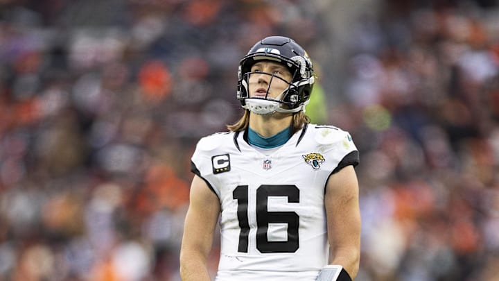 Dec 10, 2023; Cleveland, Ohio, USA; Jacksonville Jaguars quarterback Trevor Lawrence (16) watches