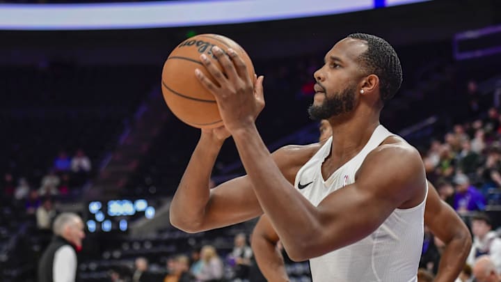 Mar 23, 2025; Salt Lake City, Utah, USA; Cleveland Cavaliers center Evan Mobley (4) warms up before the game against the Utah Jazz at Delta Center. Mandatory Credit: Peter Creveling-Imagn Images