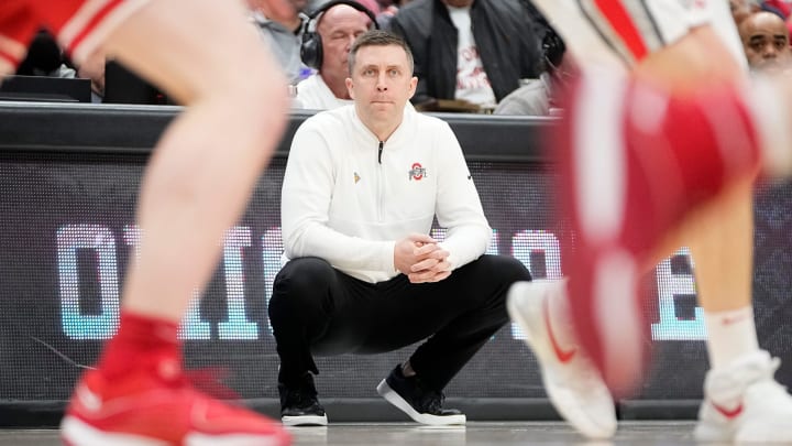 Mar 19, 2024; Columbus, OH, USA; Ohio State Buckeyes head coach Jake Diebler watches during the second half of the NIT basketball game against the Cornell Big Red at Value City Arena. Ohio State won 88-83.