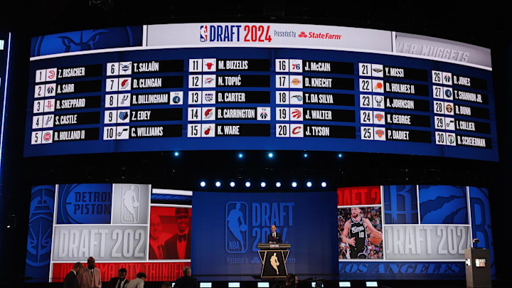 NBA commissioner Silver speaks at the podium after the first round of the 2024 NBA Draft at Barclays Center. NBA commissioner Silver speaks at the podium after the first round of the 2024 NBA Draft at Barclays Center.