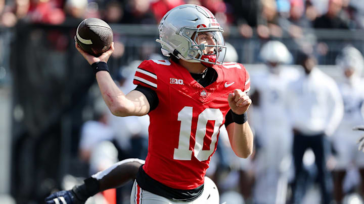 Nov 1, 2025; Columbus, Ohio, USA;  Ohio State Buckeyes quarterback Julian Sayin (10) throws the ball during the second quarter against the Penn State Nittany Lions at Ohio Stadium. Mandatory Credit: Joseph Maiorana-Imagn Images