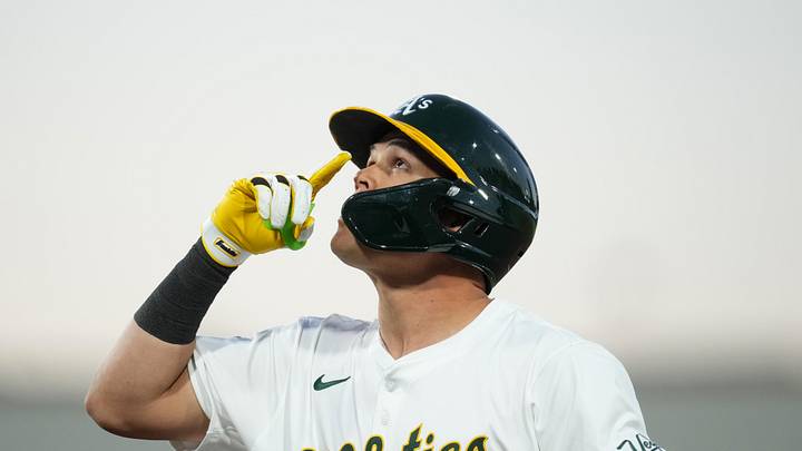 Jul 9, 2025; West Sacramento, California, USA;  Athletics third baseman reacts after hitting an RBI single against the Atlanta Braves in the sixth inning at Sutter Health Park. Mandatory Credit: Cary Edmondson-Imagn Images