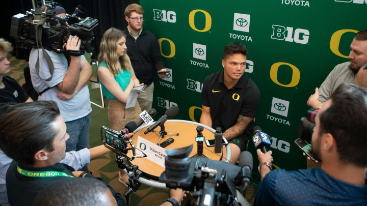 Oregon quarterback Dillon Gabriel speaks during Oregon football’s media day Monday, July 29, 2024 at Autzen Stadium in Eugene, Ore. Oregon quarterback Dillon Gabriel speaks during Oregon football’s media day Monday, July 29, 2024 at Autzen Stadium in Eugene, Ore.