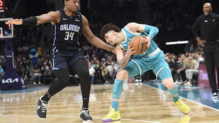 Mar 25, 2025; Charlotte, North Carolina, USA;  Charlotte Hornets guard LaMelo Ball (1) looks to drive past Orlando Magic center Wendell Carter Jr. (34) during the second half at the Spectrum Center. Mandatory Credit: Sam Sharpe-Imagn Images