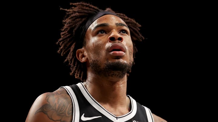 Mar 28, 2025; Brooklyn, New York, USA; Brooklyn Nets center Nic Claxton (33) reacts during the first quarter against the Los Angeles Clippers at Barclays Center. Mandatory Credit: Brad Penner-Imagn Images