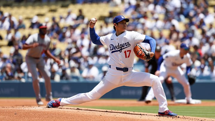 Jun 22, 2025; Los Angeles, California, USA; Los Angeles Dodgers two‑way player Shohei Ohtani (17) pitches the ball during the first inning against Washington Nationals at Dodger Stadium. Mandatory Credit: Kiyoshi Mio-Imagn Images Jun 22, 2025; Los Angeles, California, USA; Los Angeles Dodgers two‑way player Shohei Ohtani (17) pitches the ball during the first inning against Washington Nationals at Dodger Stadium. Mandatory Credit: Kiyoshi Mio-Imagn Images