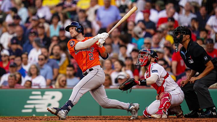 Aug 30, 2023; Boston, Massachusetts, USA; Houston Astros third baseman Alex Bregman (2) hits a double to drive in a run against the Boston Red Sox in the fourth inning at Fenway Park. Mandatory Credit: David Butler II-Imagn Images