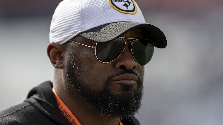 Jan 28, 2025; Mobile, AL, USA; Pittsburgh Steelers head coach Mike Tomlin visits the field during Senior Bowl practice for the American team at Hancock Whitney Stadium. Mandatory Credit: Vasha Hunt-Imagn Images