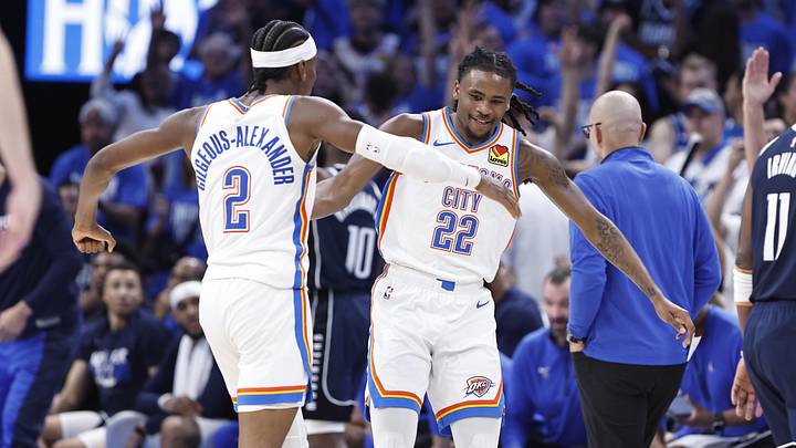 May 7, 2024; Oklahoma City, Oklahoma, USA; Oklahoma City Thunder guard Cason Wallace (22) celebrates May 7, 2024; Oklahoma City, Oklahoma, USA; Oklahoma City Thunder guard Cason Wallace (22) celebrates