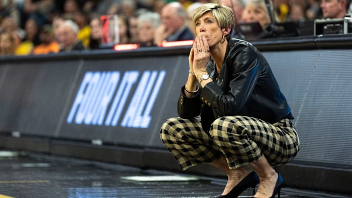 Iowa head coach Jan Jensen reacts March 21, 2026 during a First Round NCAA March Madness game against the Fairleigh Dickinson Knights at Carver-Hawkeye Arena in Iowa City, Iowa.