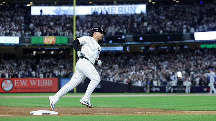 Oct 29, 2024; New York, New York, USA; New York Yankees second baseman Gleyber Torres (25) rounds the bases after hitting a three-run home run during the eighth inning against the Los Angeles Dodgers in game four of the 2024 MLB World Series at Yankee Stadium.