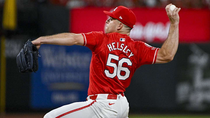 Jun 7, 2024; St. Louis, Missouri, USA; St. Louis Cardinals relief pitcher Ryan Helsley (56) pitches against the Colorado Rockies during the ninth inning at Busch Stadium. Mandatory Credit: Jeff Curry-Imagn Images Jun 7, 2024; St. Louis, Missouri, USA; St. Louis Cardinals relief pitcher Ryan Helsley (56) pitches against the Colorado Rockies during the ninth inning at Busch Stadium. Mandatory Credit: Jeff Curry-Imagn Images