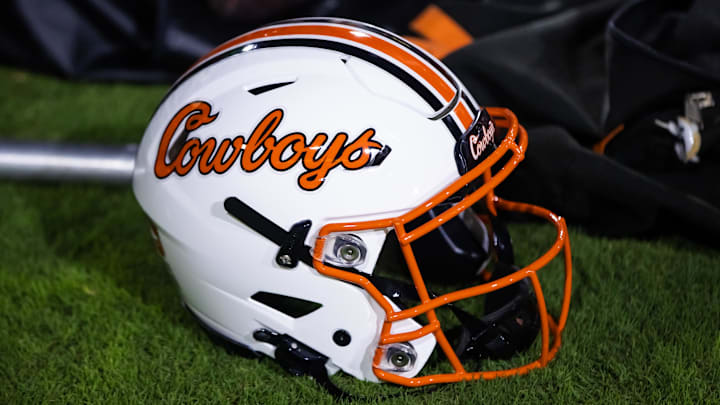 Sep 9, 2023; Tempe, Arizona, USA; Detailed view of an Oklahoma State Cowboys helmet at Mountain America Stadium. Mandatory Credit: Mark J. Rebilas-Imagn Images