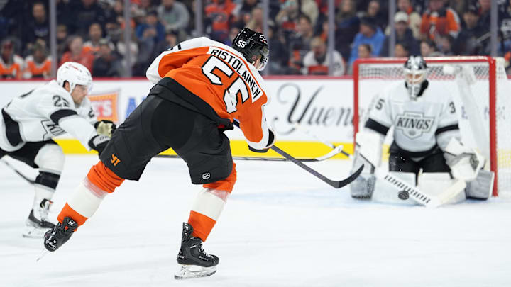 Jan 31, 2026; Philadelphia, Pennsylvania, USA; Philadelphia Flyers defenseman Rasmus Ristolainen (55) shoots the puck against the Los Angeles Kings in the second period at Xfinity Mobile Arena. Mandatory Credit: Kyle Ross-Imagn Images Jan 31, 2026; Philadelphia, Pennsylvania, USA; Philadelphia Flyers defenseman Rasmus Ristolainen (55) shoots the puck against the Los Angeles Kings in the second period at Xfinity Mobile Arena. Mandatory Credit: Kyle Ross-Imagn Images
