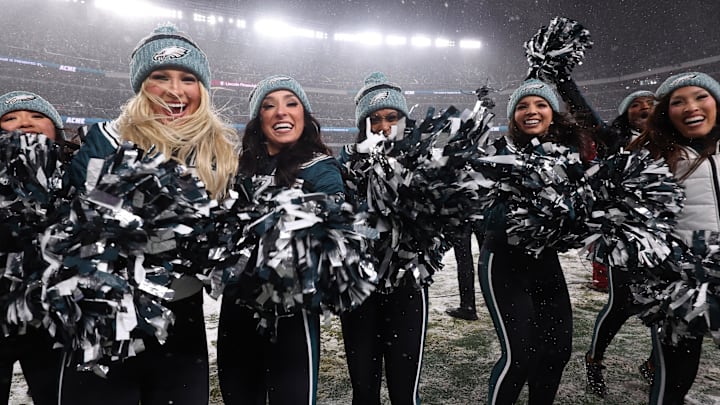 Philadelphia Eagles cheerleaders celebrate on the sidelines in the second half against the Los Angeles Rams.