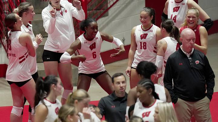 Wisconsin outside hitter Trinity Shadd-Ceres (6) jokes around with her team during their match Tuesday, September 10, 2024 at the UW Field House in Madison, Wisconsin. Wisconsin beat UW-Milwaukee in straight sets. Wisconsin outside hitter Trinity Shadd-Ceres (6) jokes around with her team during their match Tuesday, September 10, 2024 at the UW Field House in Madison, Wisconsin. Wisconsin beat UW-Milwaukee in straight sets.