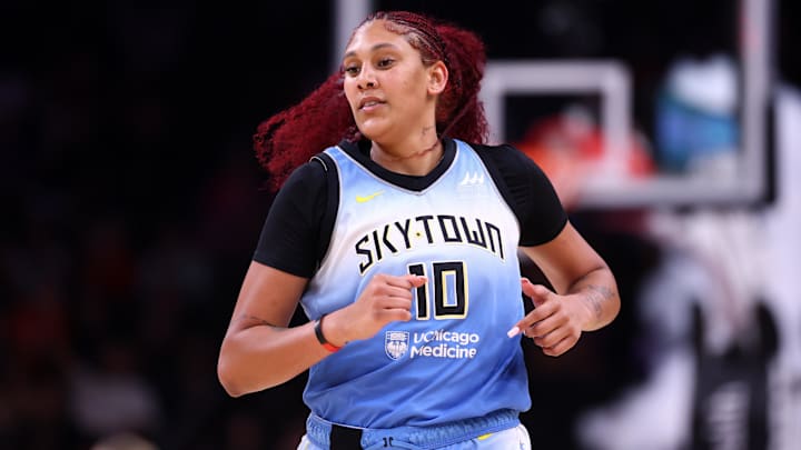 Aug 28, 2025; Phoenix, Arizona, USA; Chicago Sky center Kamilla Cardoso (10) against the Phoenix Mercury at Phx Arena. Mandatory Credit: Mark J. Rebilas-Imagn Images