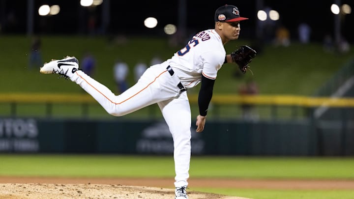 Nov 9, 2025; Mesa, AZ, USA; Houston Astros pitcher Anderson Brito during the Arizona Fall League Fall Stars Game at Sloan Park.