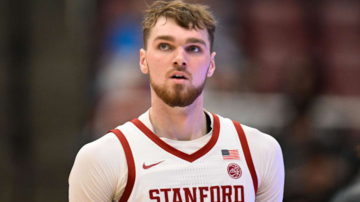 Feb 8, 2025; Stanford, California, USA; Stanford Cardinal forward Aidan Cammann (52) looks on against the NC State Wolfpack in the second half at Maples Pavilion. Mandatory Credit: Eakin Howard-Imagn Images
