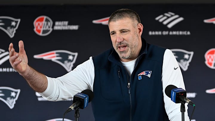 New England Patriots coach Mike Vrabel speaks to media.