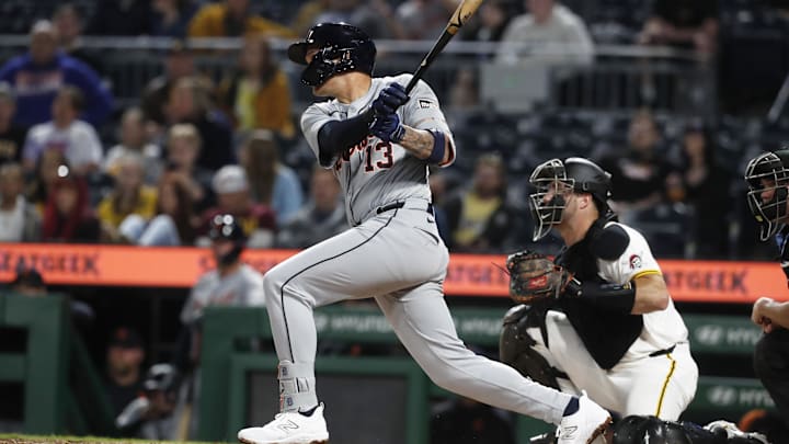 Apr 8, 2024; Pittsburgh, Pennsylvania, USA;  Detroit Tigers third baseman Gio Urshela (13) hits a ball against the Pirates. 