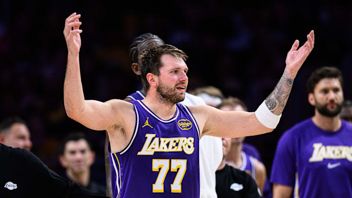 Mar 27, 2026; Los Angeles, California, USA; Los Angeles Lakers guard Luka Doncic (77) reacts during the second half against the Brooklyn Nets at Crypto.com Arena. Mandatory Credit: William Liang-Imagn Images Mar 27, 2026; Los Angeles, California, USA; Los Angeles Lakers guard Luka Doncic (77) reacts during the second half against the Brooklyn Nets at Crypto.com Arena. Mandatory Credit: William Liang-Imagn Images