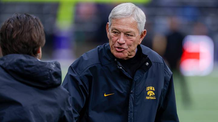 Oct 9, 2026; Seattle, Washington, USA; Iowa Hawkeyes head coach Kirk Ferentz talks on the sideline during pregame warmups against the Washington Huskies at Husky Stadium. Mandatory Credit: Joe Nicholson-Imagn Images