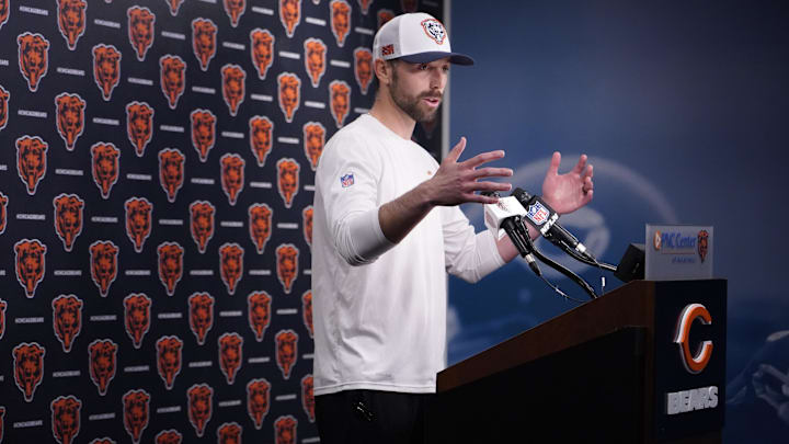 May 10, 2025; Lake Forest, IL, USA; Chicago Bears offensive coordinator Declan Doyle answers questions after rookie minicamp at Halas Hall. Mandatory Credit: David Banks-Imagn Images