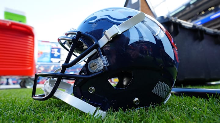 Aug 26, 2023; Denver, Colorado, USA; Detailed view of the helmet of Denver Broncos place kicker Brett Maher (not pictured) before the preseason game against the Los Angeles Rams at Empower Field at Mile High. Mandatory Credit: Ron Chenoy-Imagn Images