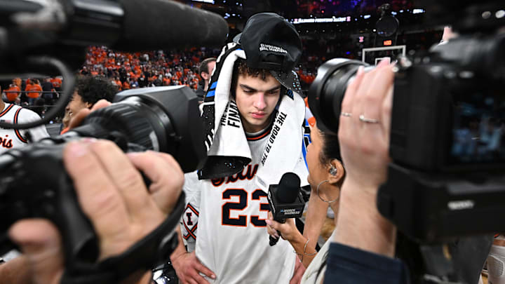 Mar 28, 2026; Houston, TX, USA; Illinois Fighting Illini guard Keaton Wagler (23) speaks to media after defeating the Iowa Hawkeyes in the Elite Eight.